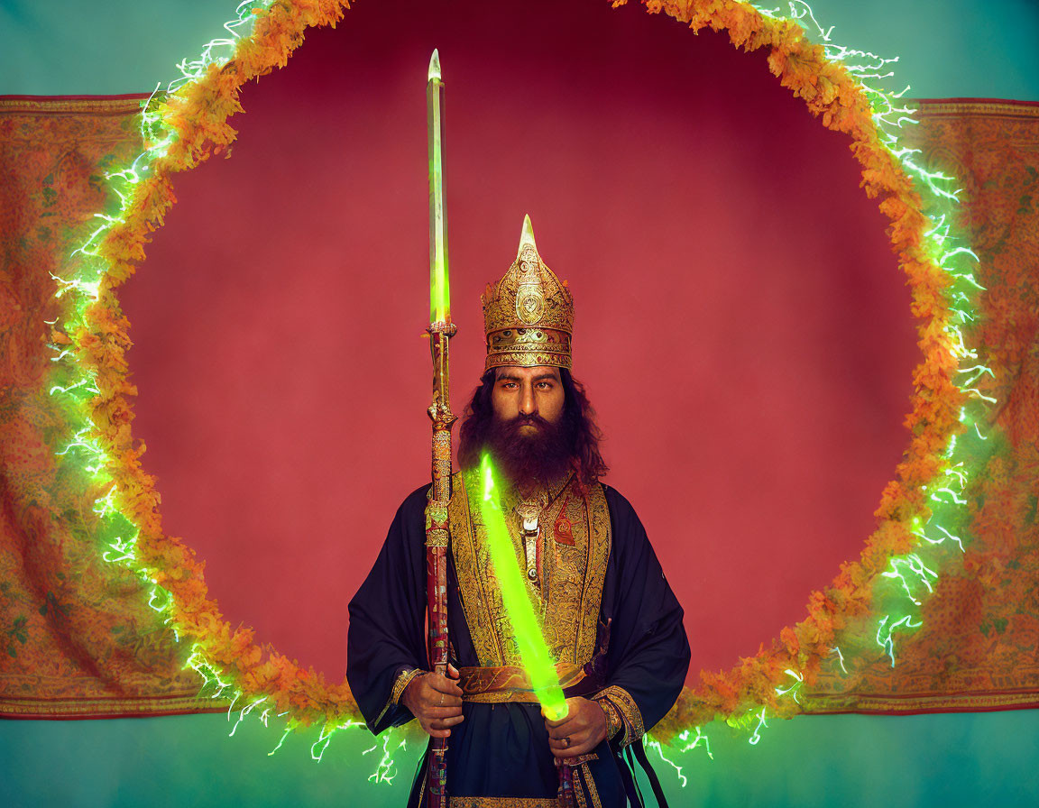 Regal man in historical royal attire with crown and sword in fiery ring background