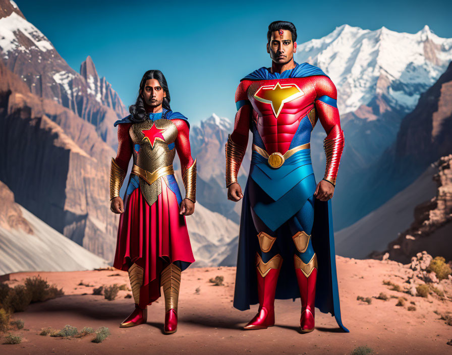 Superheroes in Vibrant Costumes with Star Emblem in Desert Landscape
