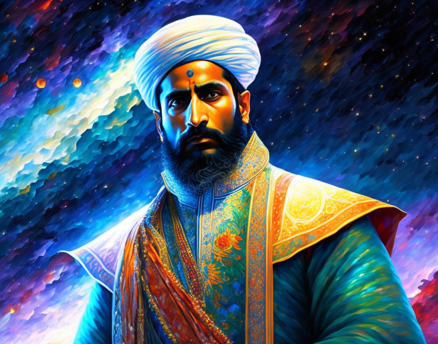 Digital art: Bearded man in turban against cosmic backdrop