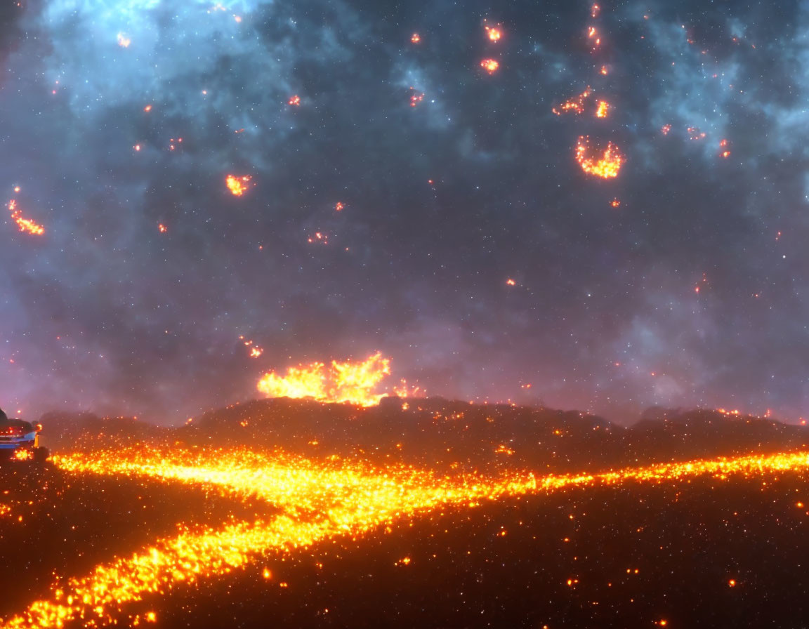 Molten lava flowing over a night landscape with a starry sky