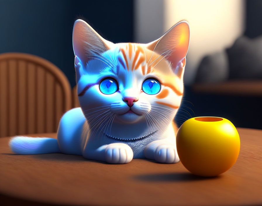 3D-rendered cat with blue eyes and orange stripes next to yellow ball on wooden surface