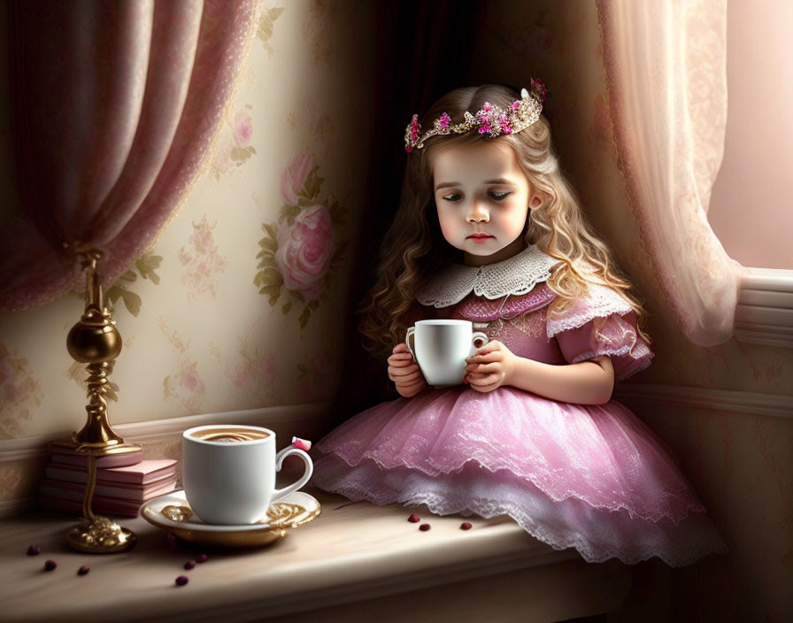 Young girl in pink dress with floral headband at table with teacup, books, and petals