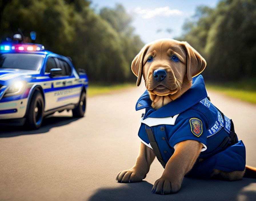 Labrador puppy in police vest with police car in background