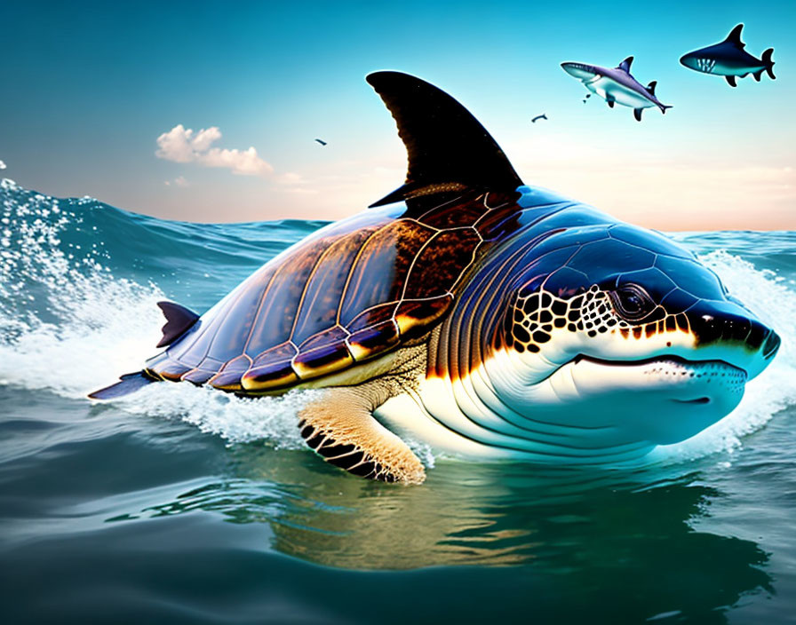 Digital artwork: Turtle with shark fin in sea with sharks and wave