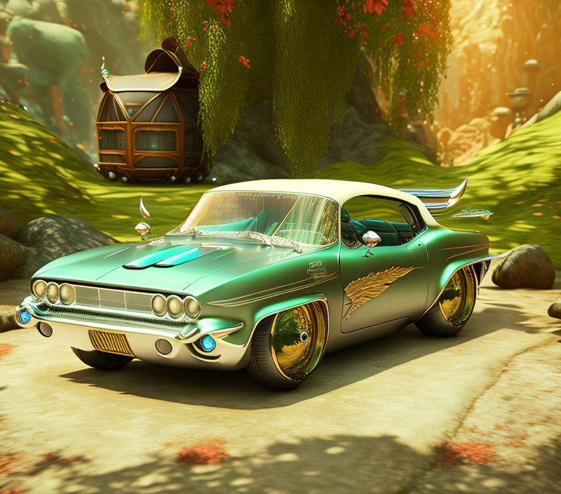 Futuristic green car with wings and golden rims in whimsical forest setting