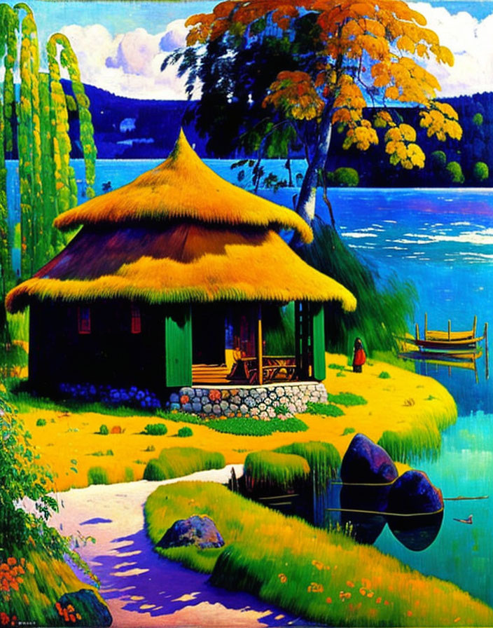 Scenic painting of thatched-roof cottage by blue lake surrounded by lush greenery