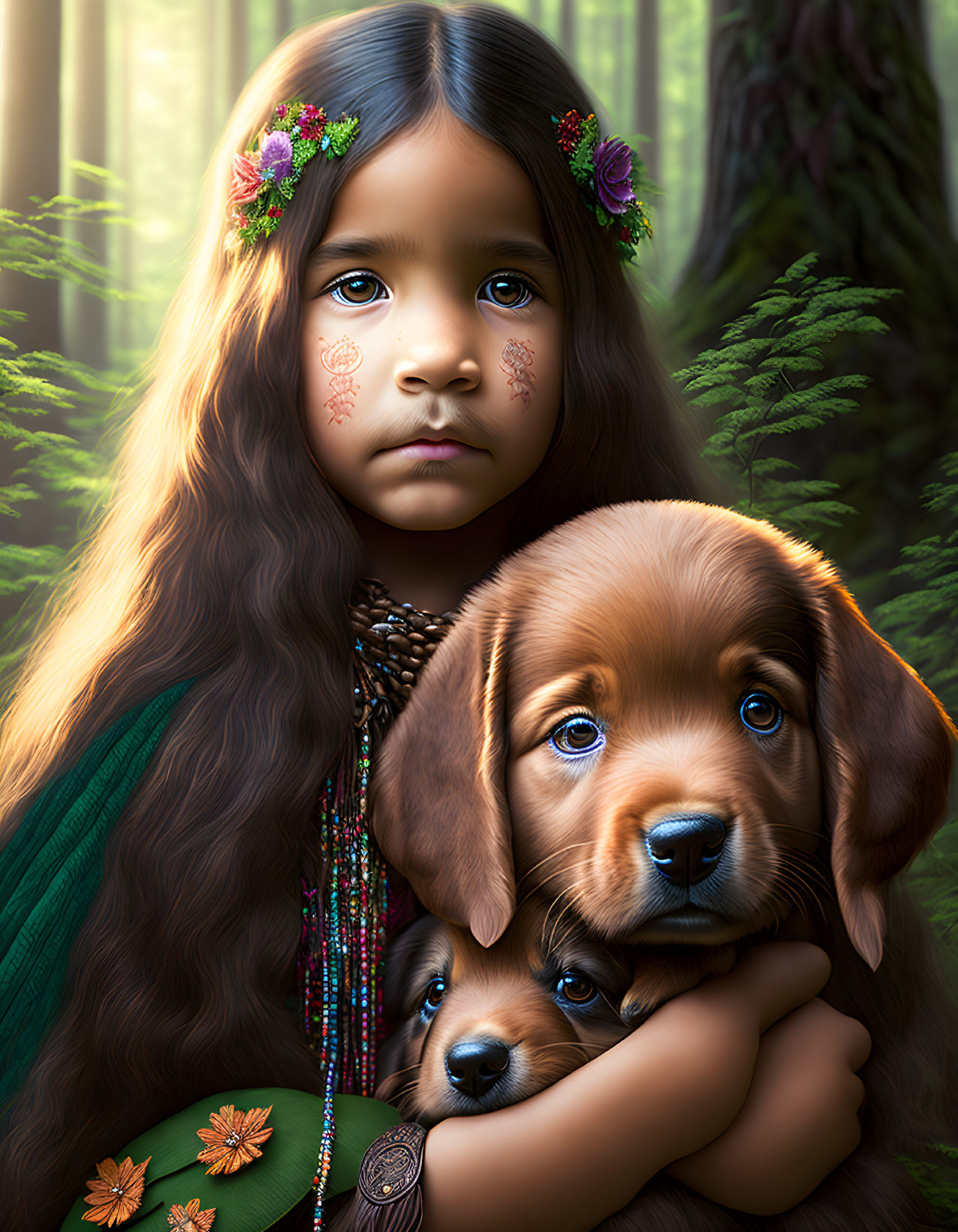 Young girl with floral headband holding brown puppy in sunlit forest