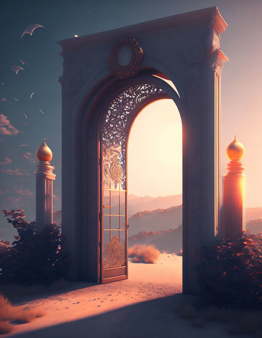 Ornate open doorway in desert at sunset with ironwork and lanterns