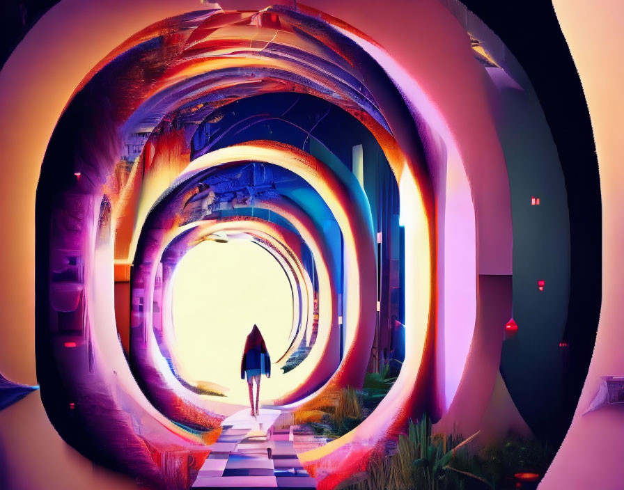 Vibrant futuristic tunnel with swirling colors and neon lights