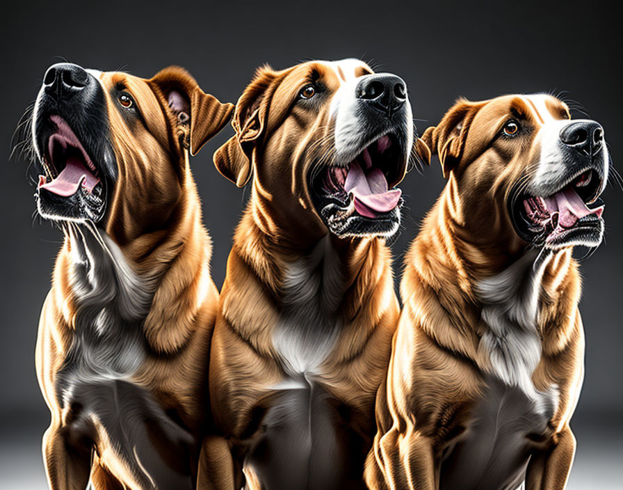 Three Brown Dogs Sitting Together with Expressive Eyes and Tongues Out