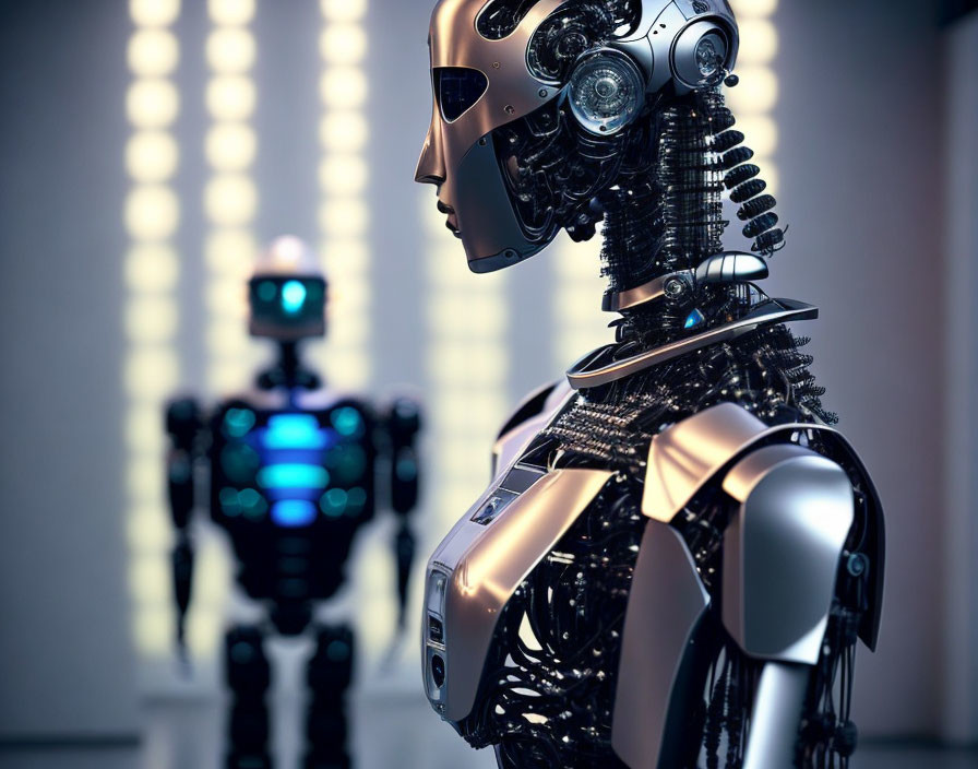 Detailed humanoid robot with exposed mechanics in softly lit room