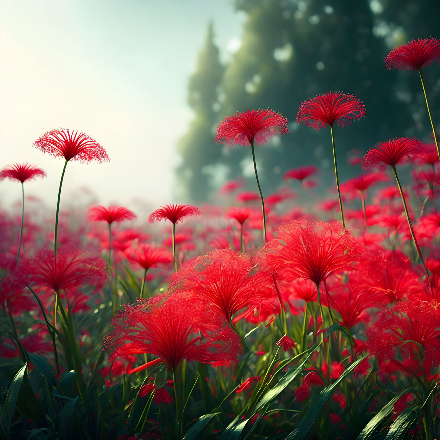 Lush Field with Vibrant Red Puffy Flowers and Sunlit Forest Backdrop