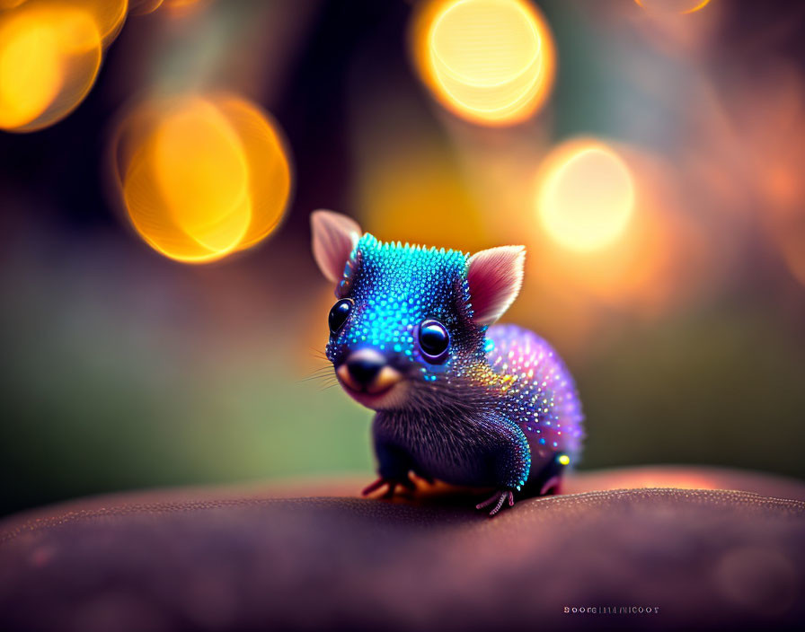 Whimsical blue creature with sparkling skin and innocent eyes on soft-focus background