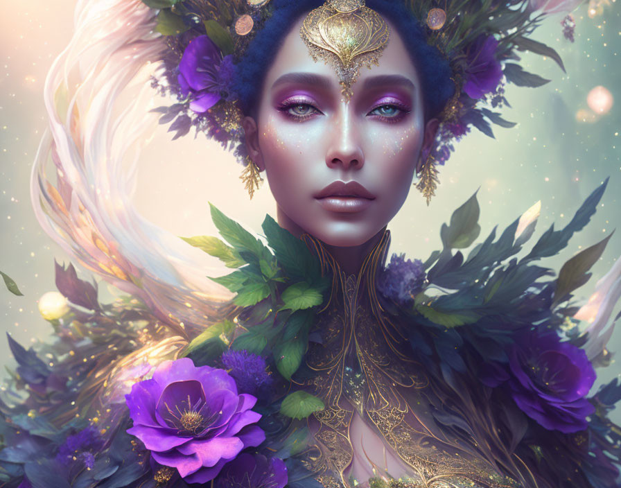 Fantasy portrait of a woman with golden jewelry and intricate floral elements