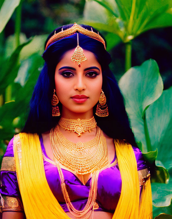 Traditional Indian Attire Woman in Vibrant Purple and Gold Dress