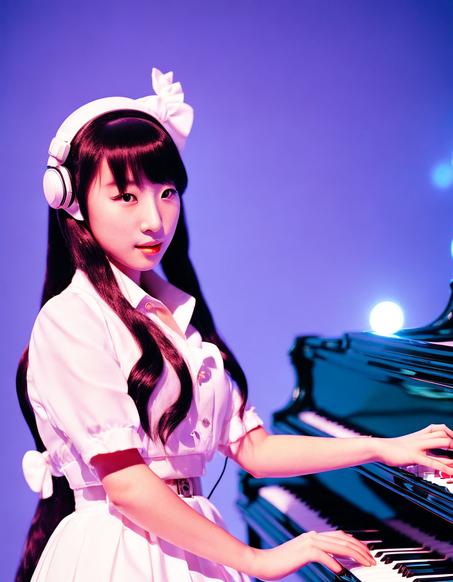 Young woman with long dark hair plays blue piano in white dress