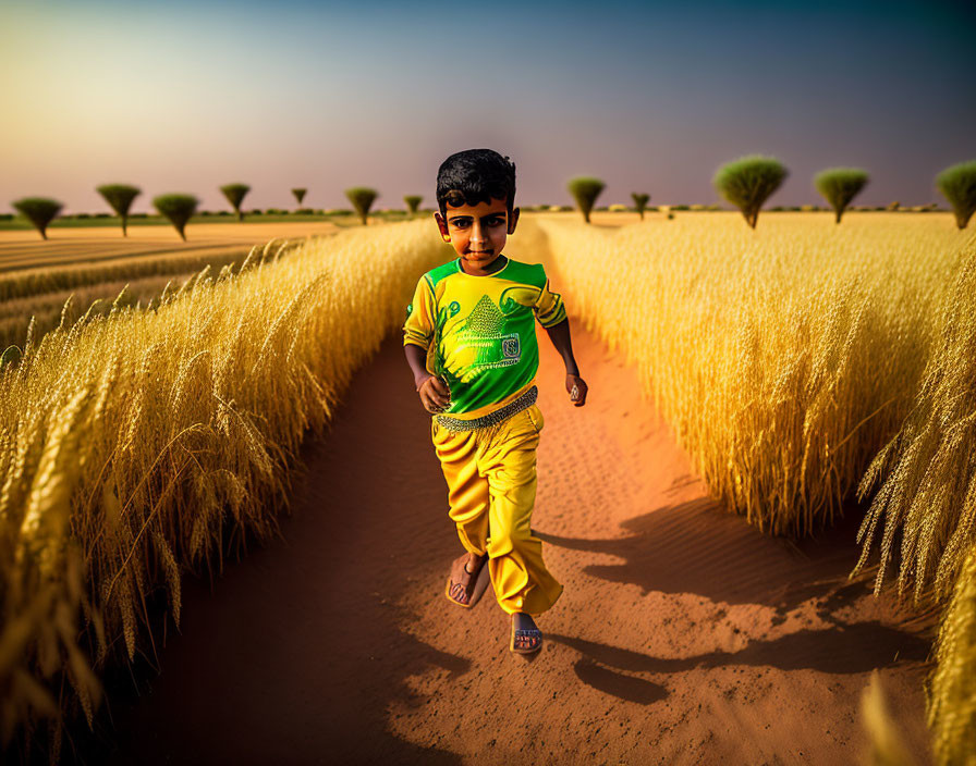 Young boy in yellow clothing walking through golden wheat field under blue sky