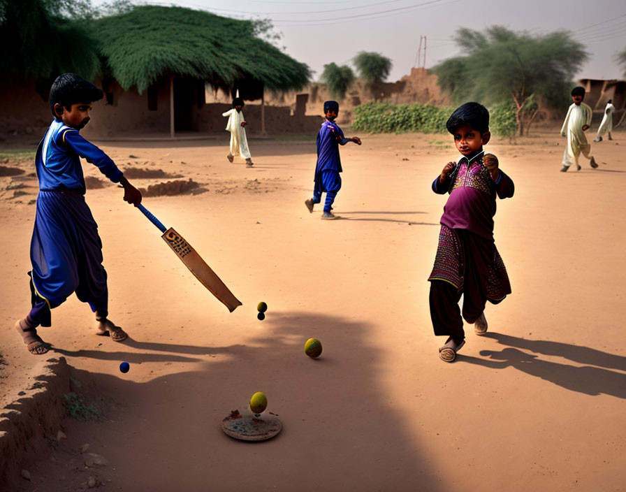 Rural setting: Children playing cricket with makeshift wickets