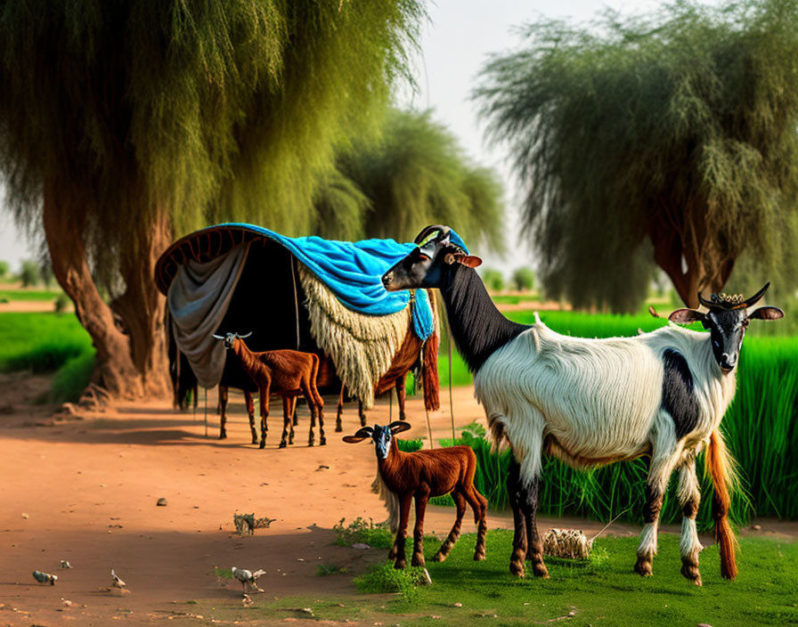 Herd of goats with prominent white goat on dirt path surrounded by greenery