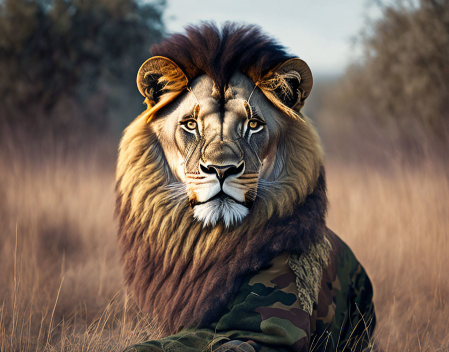 Majestic lion with full mane resting in golden grass, wearing camouflage jacket.