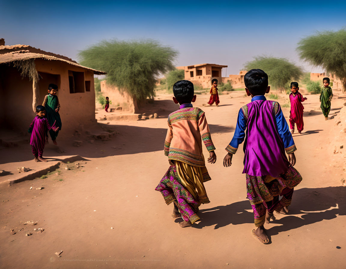 Children in traditional attire playing near mud houses in rural setting