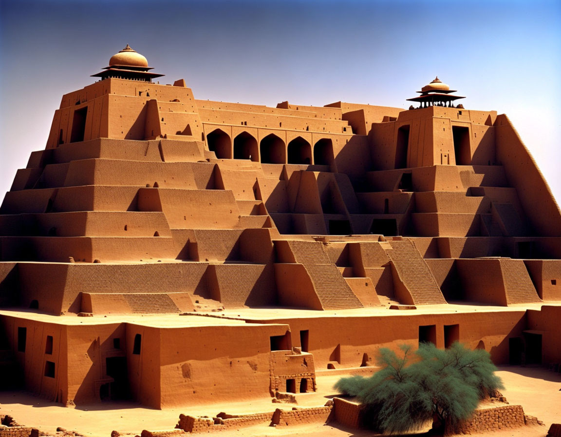 Adobe fortress with towering walls and conical structures in desert landscape