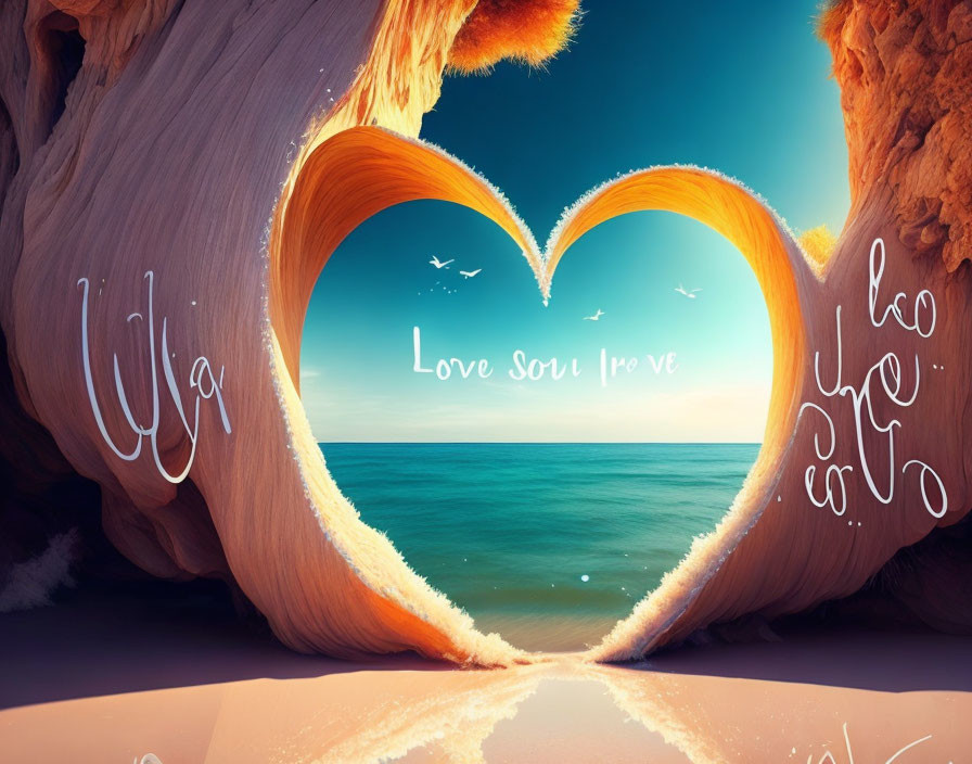 Heart-shaped Rock Formation Frames Ocean View with "Love" Script and Birds