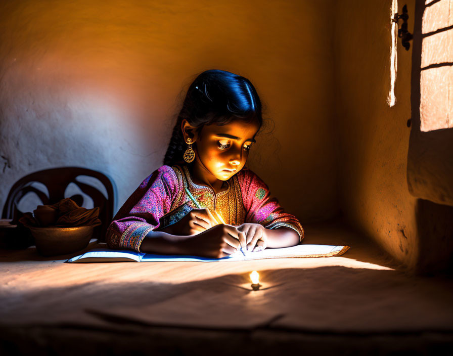 Young girl in traditional attire reading book in warm sunlight.