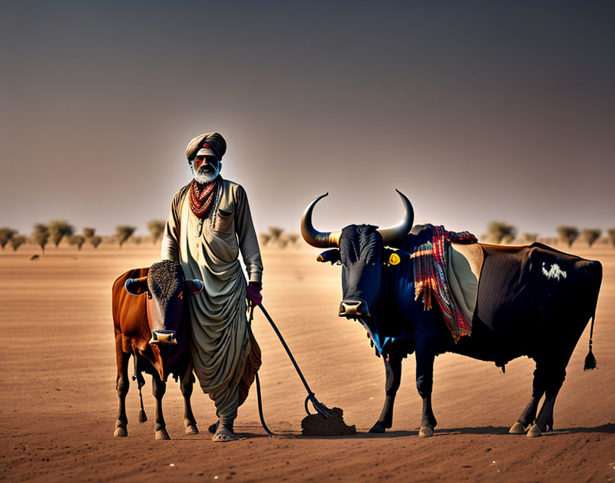 Man in traditional attire with decorated bulls in desert setting.