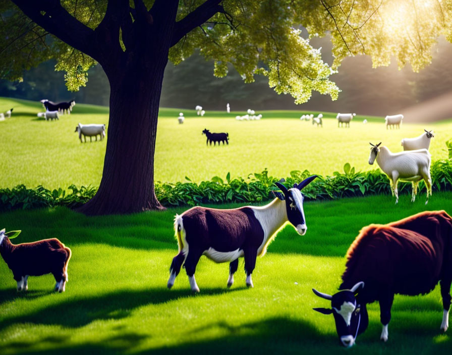 Goats grazing in lush field with tree and sunlight rays