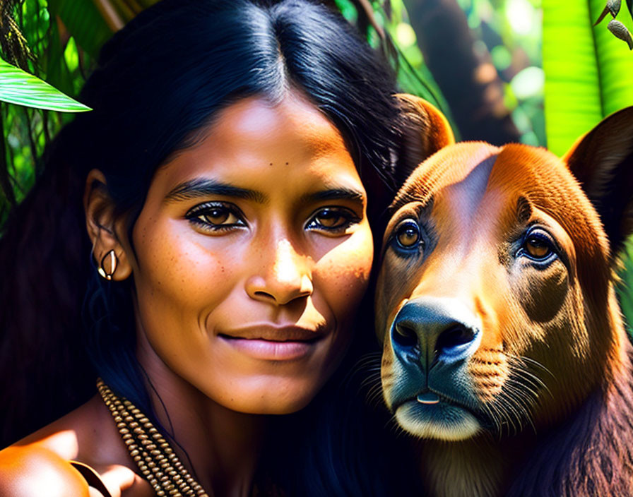 Digitally enhanced image of woman with tanned skin and dark hair with large dog in green foliage