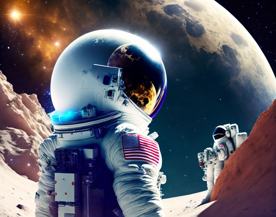 Astronaut on lunar surface with Earth reflection in helmet, space backdrop.