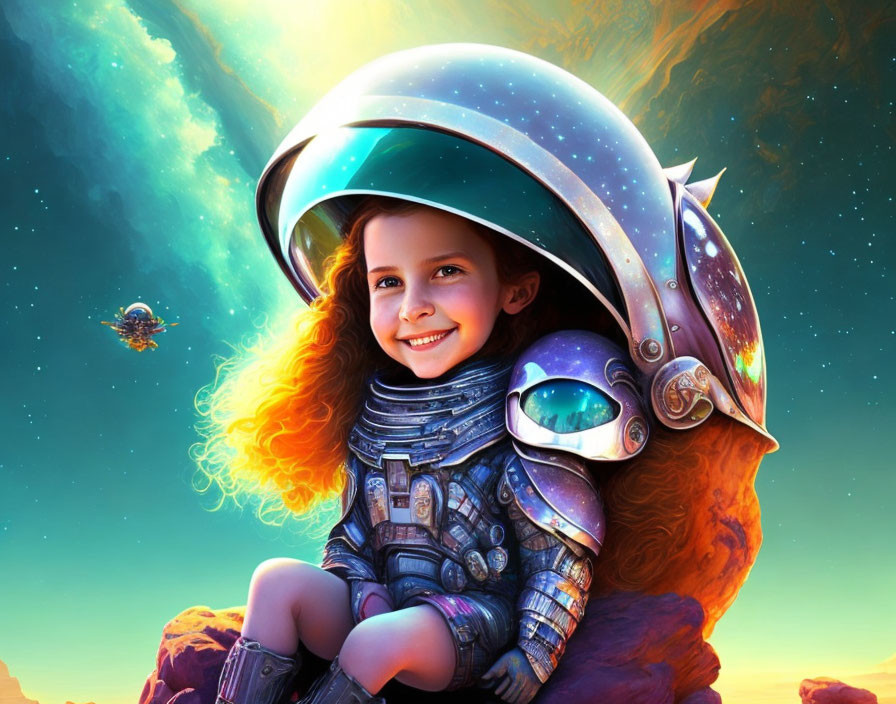 Young girl in futuristic space helmet and suit against starry background.