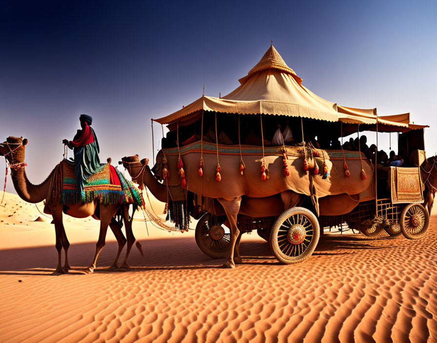 Traditional Attire Person Leading Camel with Cart in Desert Landscape