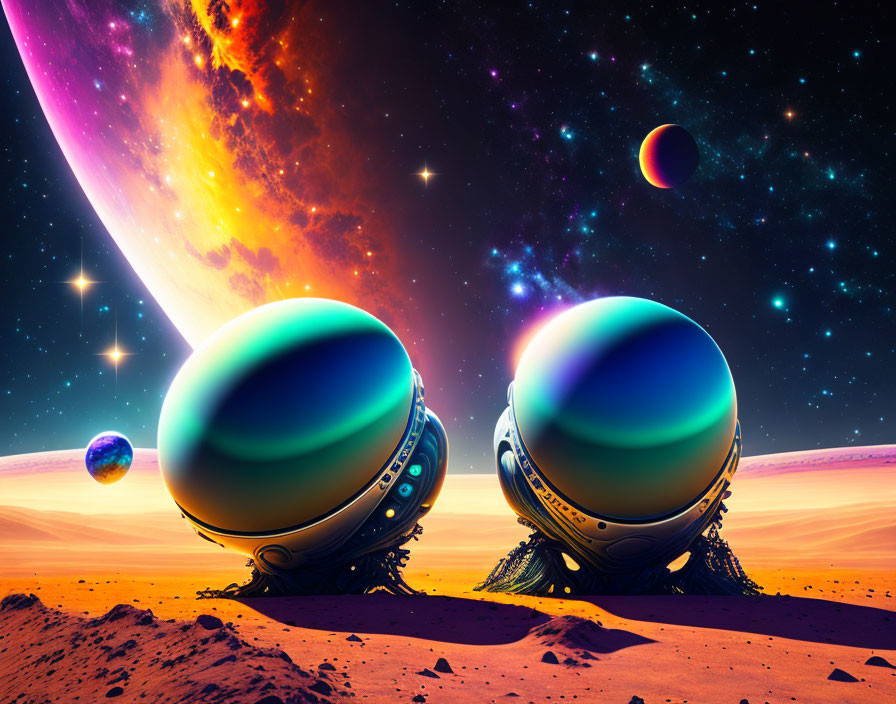 Futuristic spherical structures on desert alien planet with ringed planet and colorful sky