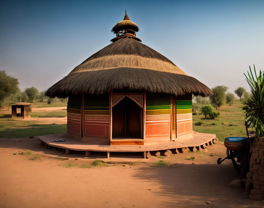 Circular Thatched Hut with Colorful Woven Stripes in Sparse Landscape