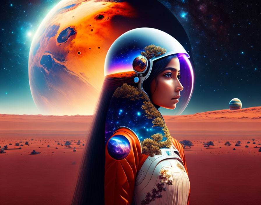 Female astronaut in space suit with reflective helmet, observing cosmic scene on Mars.