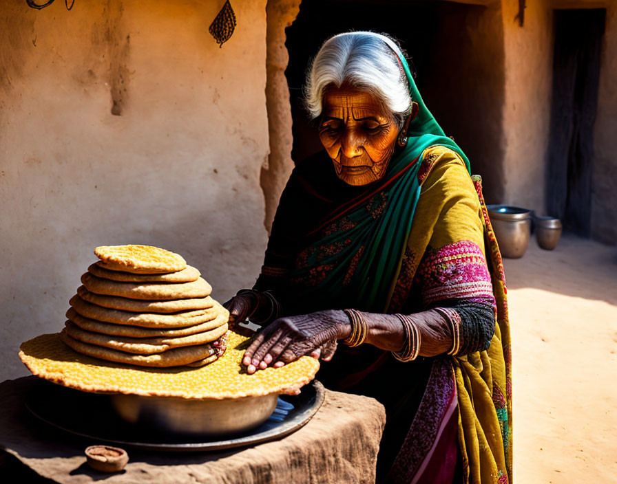 Elderly woman making flatbread on clay stove in traditional attire