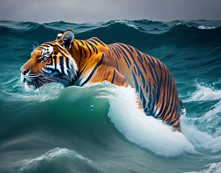 Majestic tiger with striking stripes swimming in deep blue ocean waves