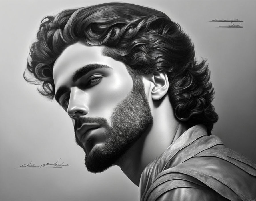 Monochromatic artistic portrayal of a man with curly hair and intense gaze