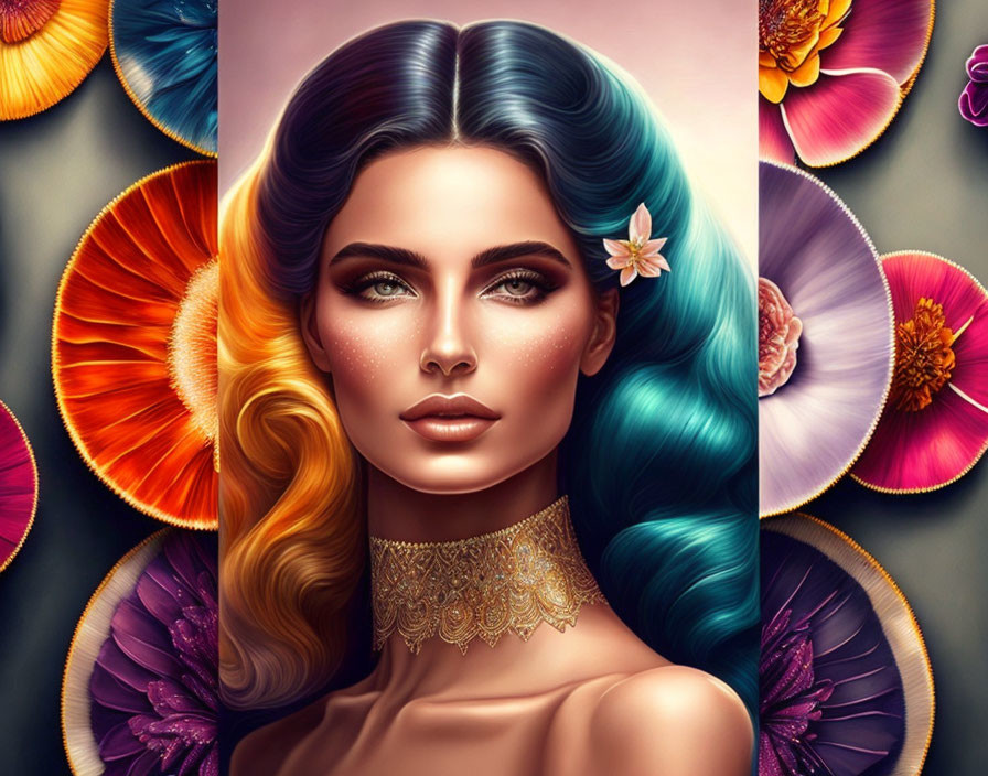 Digital artwork of woman with split appearance: natural skin and brown hair on one side, vibrant blue hair