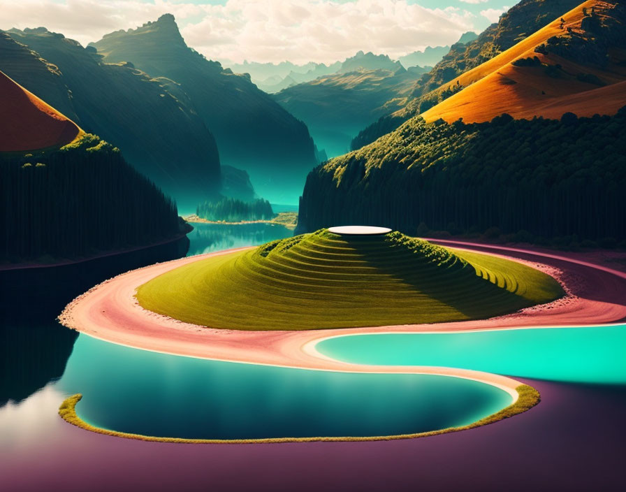 Vibrant surreal landscape with river, island, hills & mountains