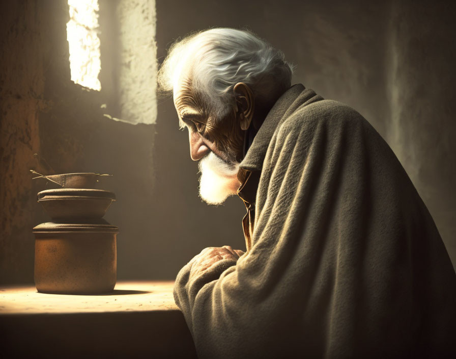 Elderly man with white beard gazes out sunlit window beside potted plant