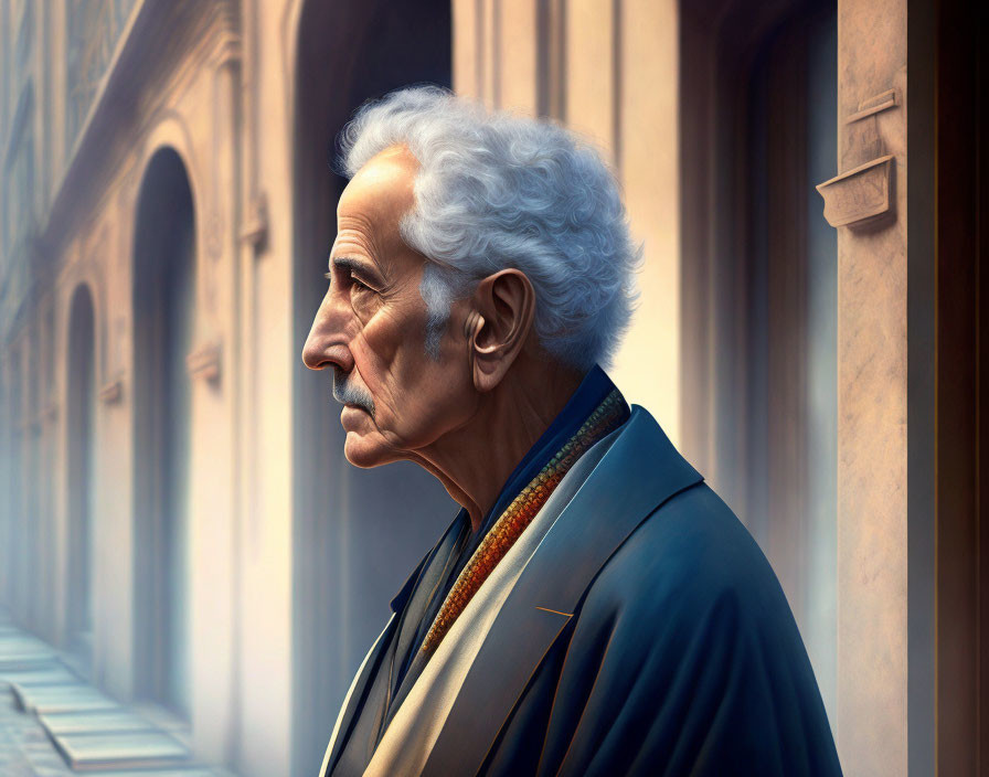 Elderly man with white hair in profile, wearing coat, looking pensive