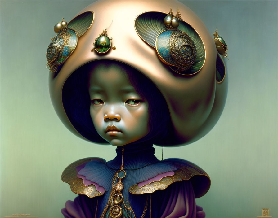 Ornate helmet with golden embellishments on girl in digital art portrait