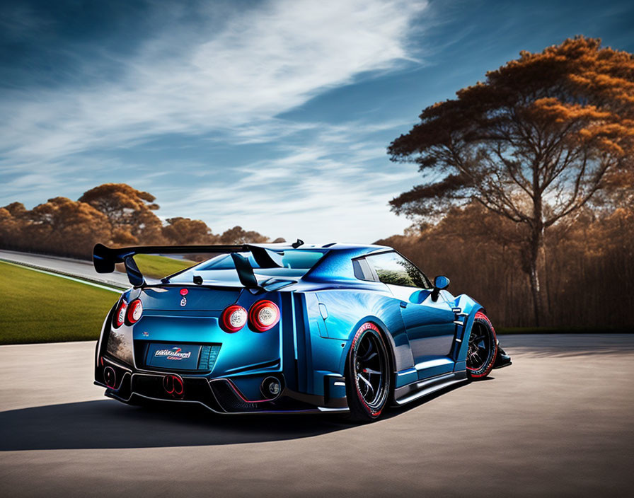 Blue Sports Car with Black Accents and Rear Wing on Asphalt Road