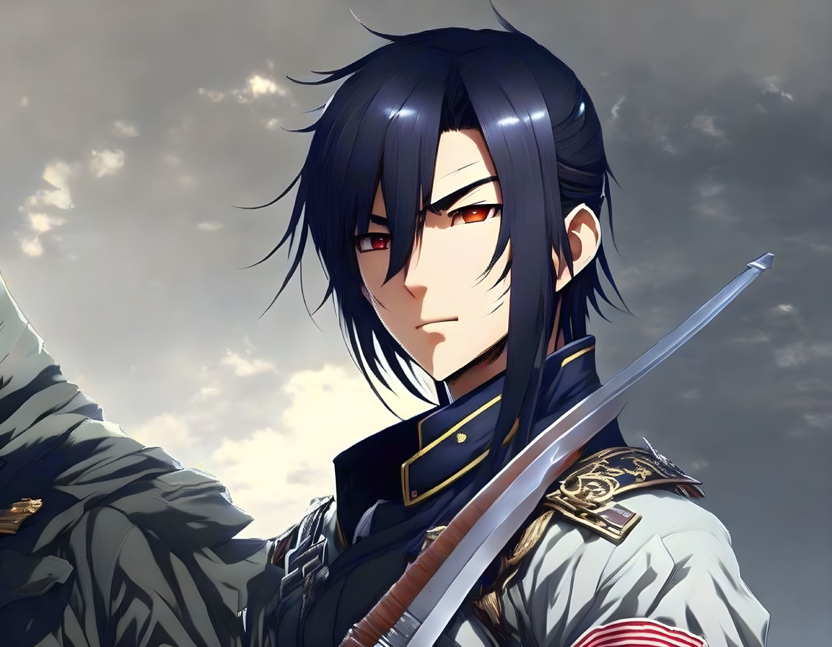 Anime-style male character with dark hair and red eyes in military uniform with sword, under cloudy sky.