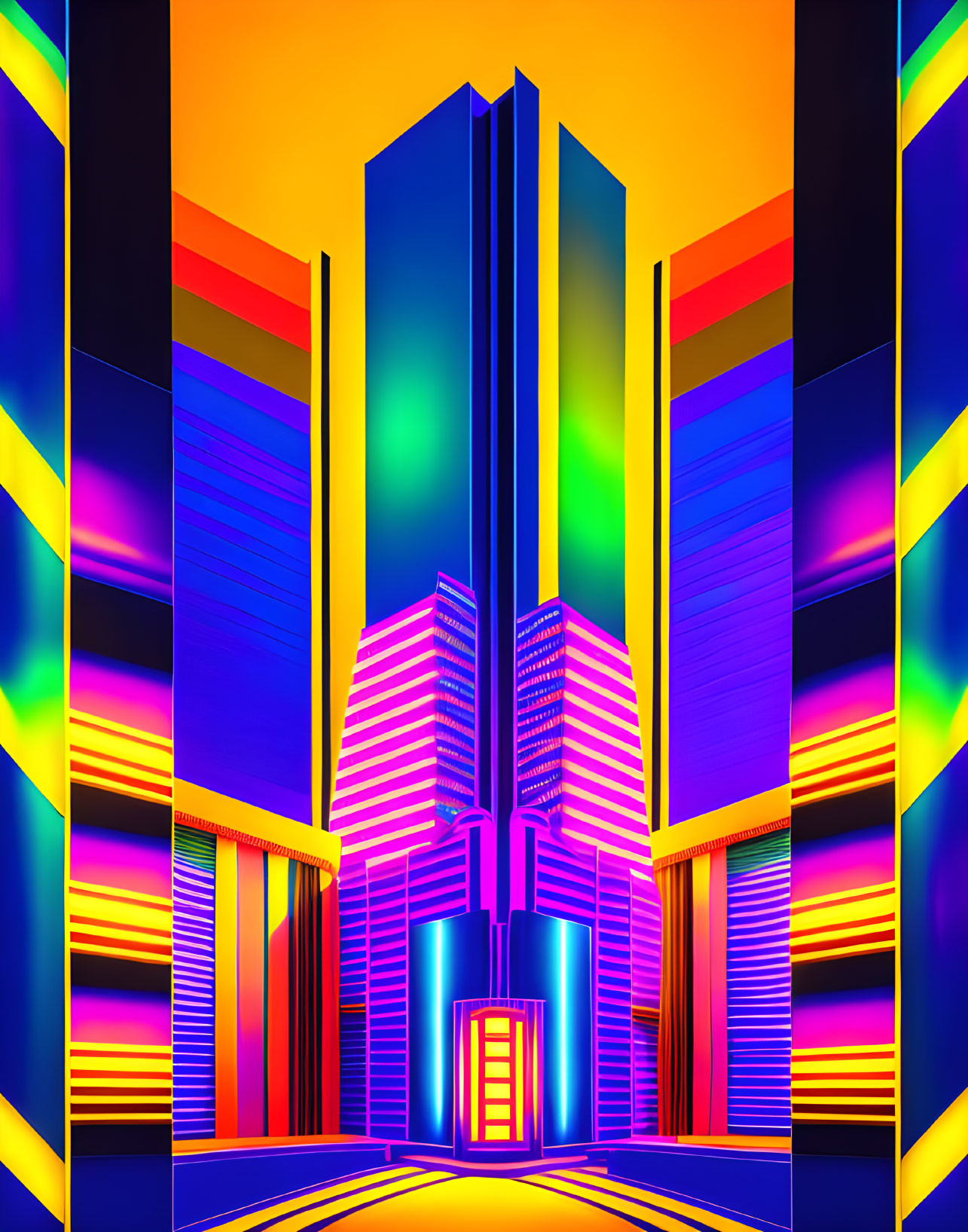 Colorful neon skyscraper digital art against dark sky with striped patterns