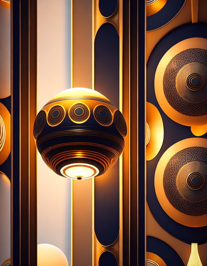 Art Deco Style Image: Spherical Pendant Light & Ornate Blue-Gold Geometric Patterns