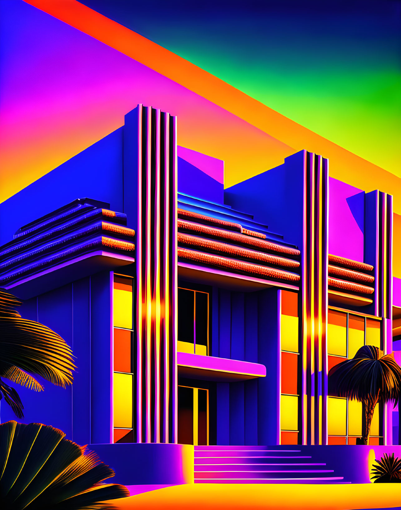 Modern building and palm trees in neon colors against gradient sky